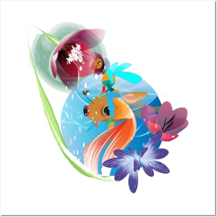 There is a beautiful flower fairy on a goldfish Posters and Art